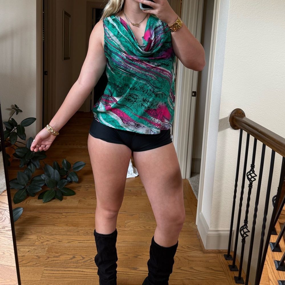 Y2K cowl neck green and pink swirl print tank top